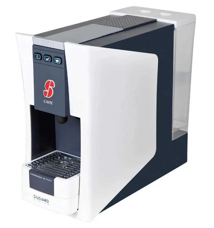Modern espresso coffee machine with white and black design, digital control panel