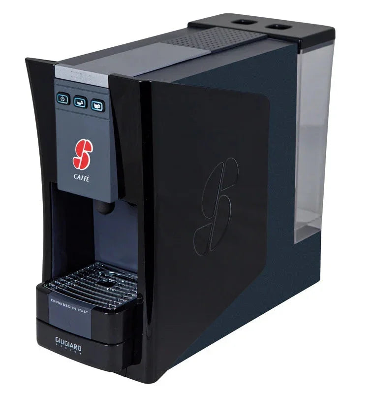 Sleek modern espresso coffee machine with black finish and side water tank
