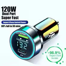 2 Ports Digital Display Super Fast USB Type C Car Charger For iPhone 16 15 Pro Max Samsung 120W Portable Quick Charging Adapter - Old World Hub