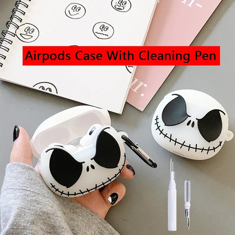 For Airpods 4 Case with Cleaning Pen,3D Skull Silicone Protective Earphone Cover for Airpods Pro 2 Case Glow in The Dark