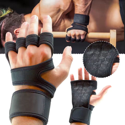 Black workout grip gloves with wrist support for pull-ups and gym training, close-up details