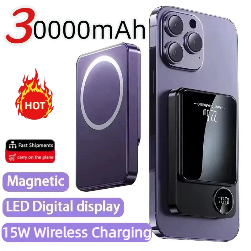30000mAh Magnetic Power Bank 22.5W Fast Charging Portable External Battery Ultra Thin Safe Wireless For iPhone Huawei Samsung