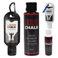 Assorted liquid chalk bottles with carabiners for gym, climbing, and fitness grip support