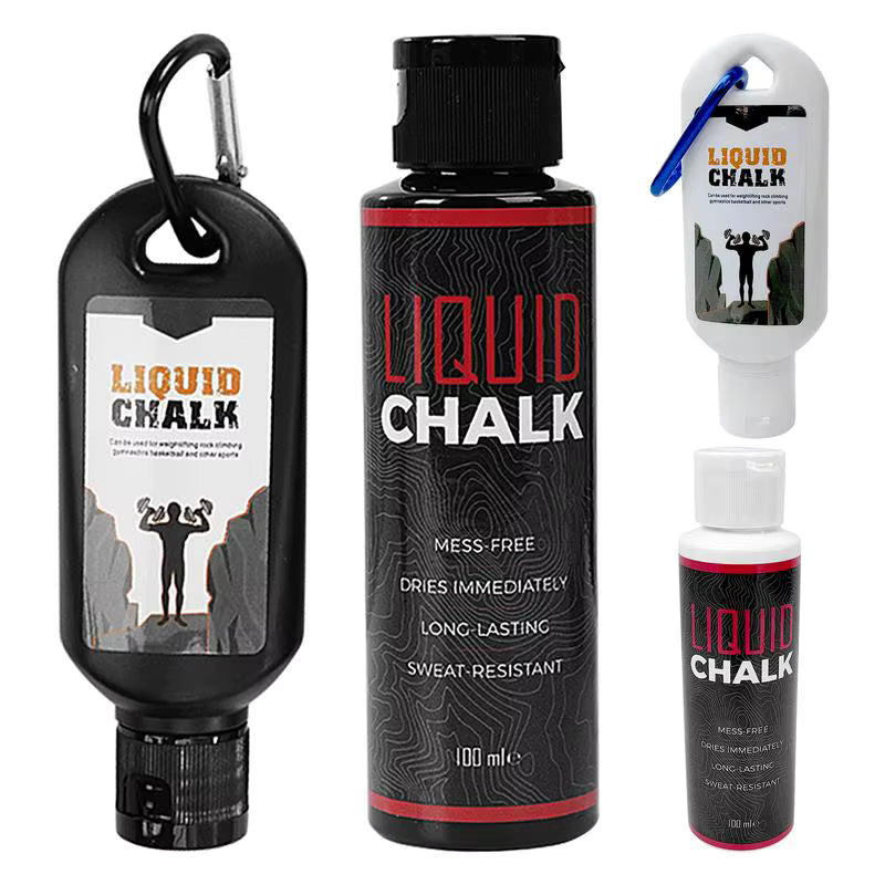 Assorted liquid chalk bottles with carabiners for gym, climbing, and fitness grip support