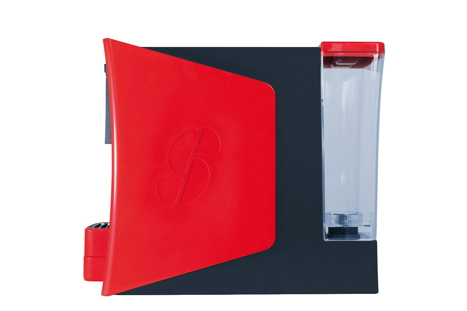 Modern red and black coffee machine with transparent water tank, sleek minimalist design