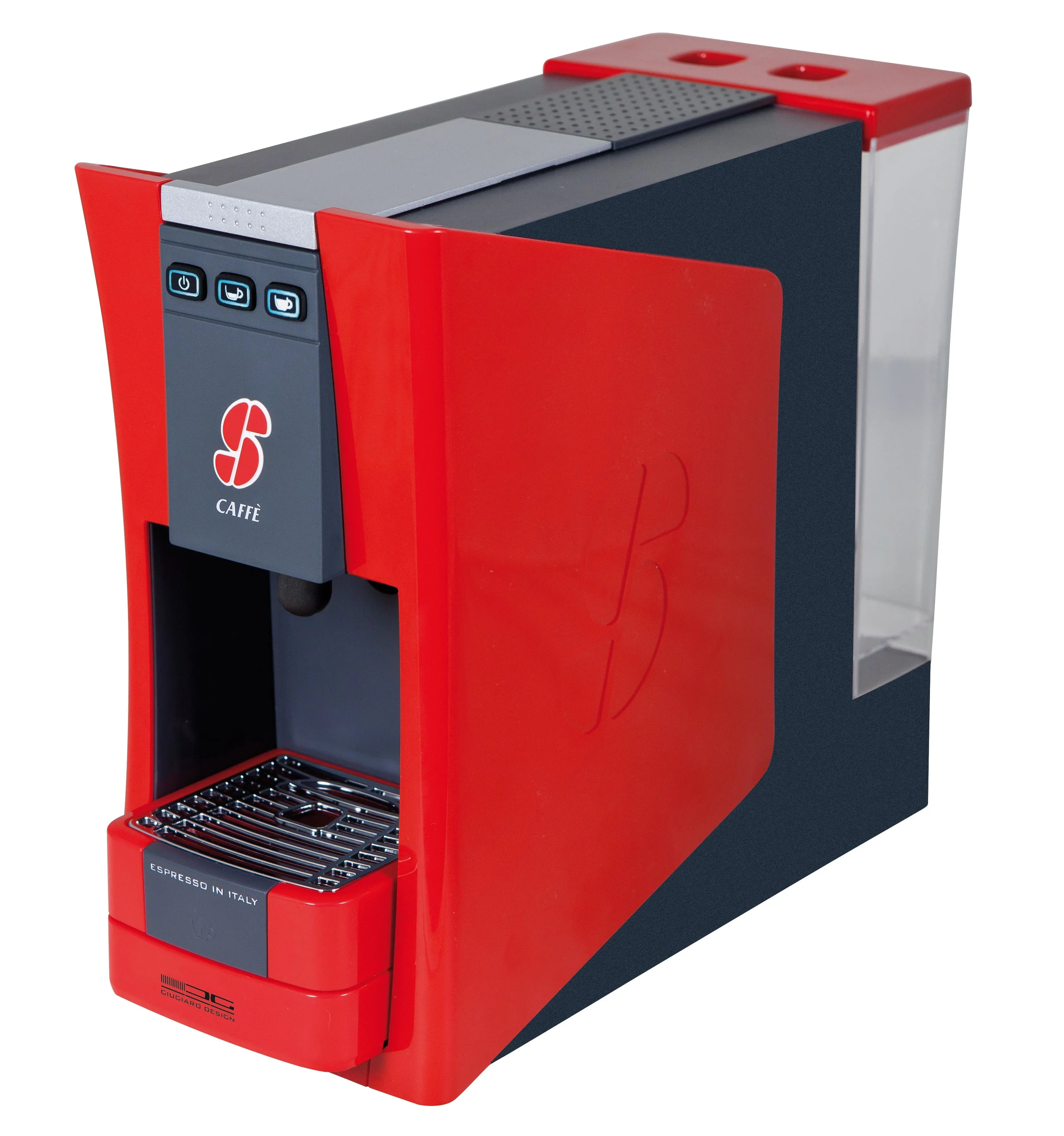 Modern red and black espresso coffee machine with water reservoir and control buttons.