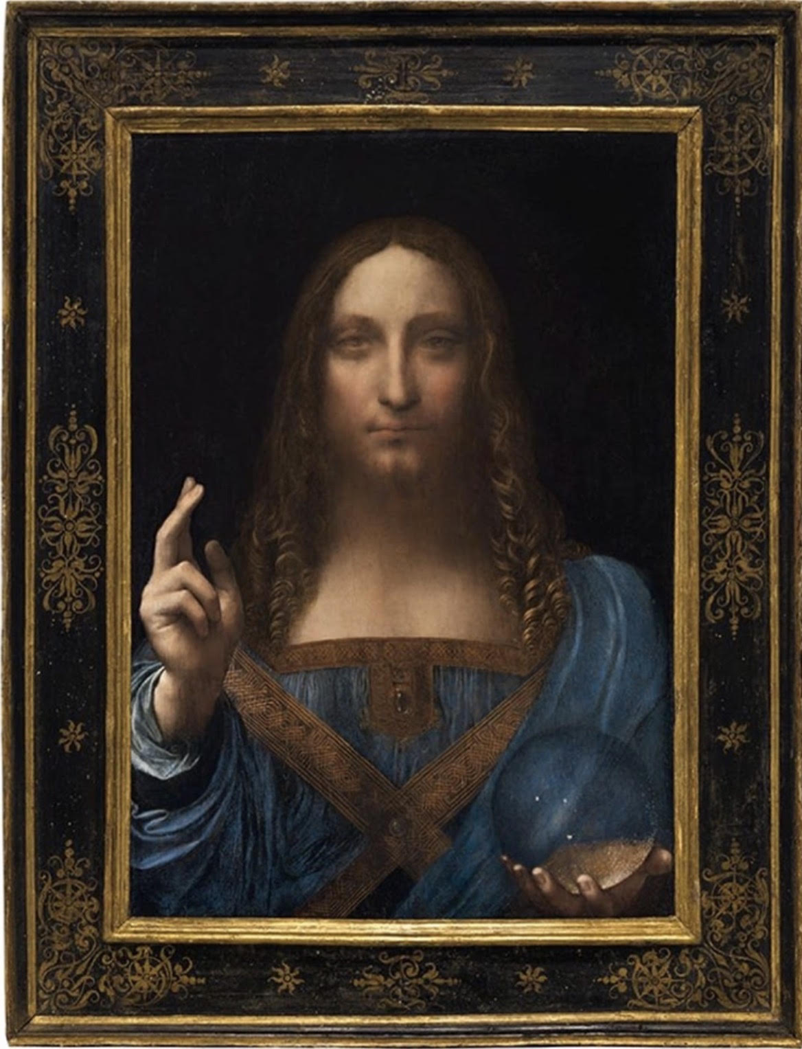 Salvator Mundi painting by Old World Hub featuring Christ holding a globe, detailed religious artwork with intricate gold accents.