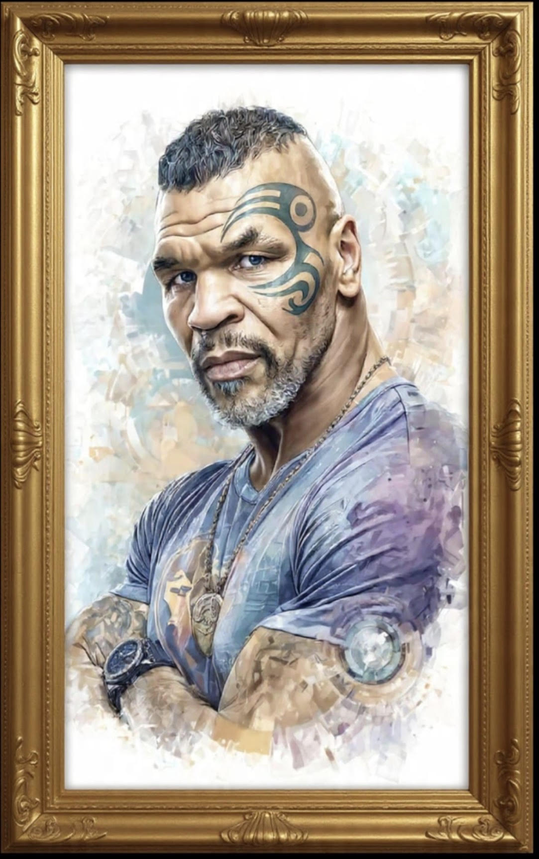 Close-up of a Mike Tyson action figure by Old World Hub, showcasing detailed facial features and boxing attire.