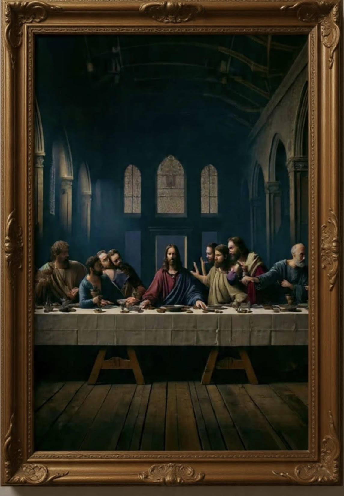 Detailed image of "The Last Supper" artwork by Old World Hub, showing Jesus and his apostles at a long dining table.